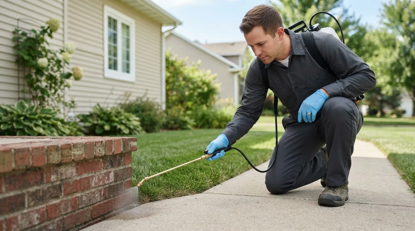 Pest control technician treating a home near Englishtown, NJ