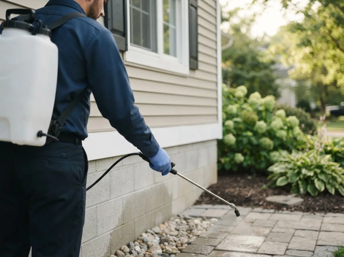 Pest control technician inspecting a home in Englishtown, NJ